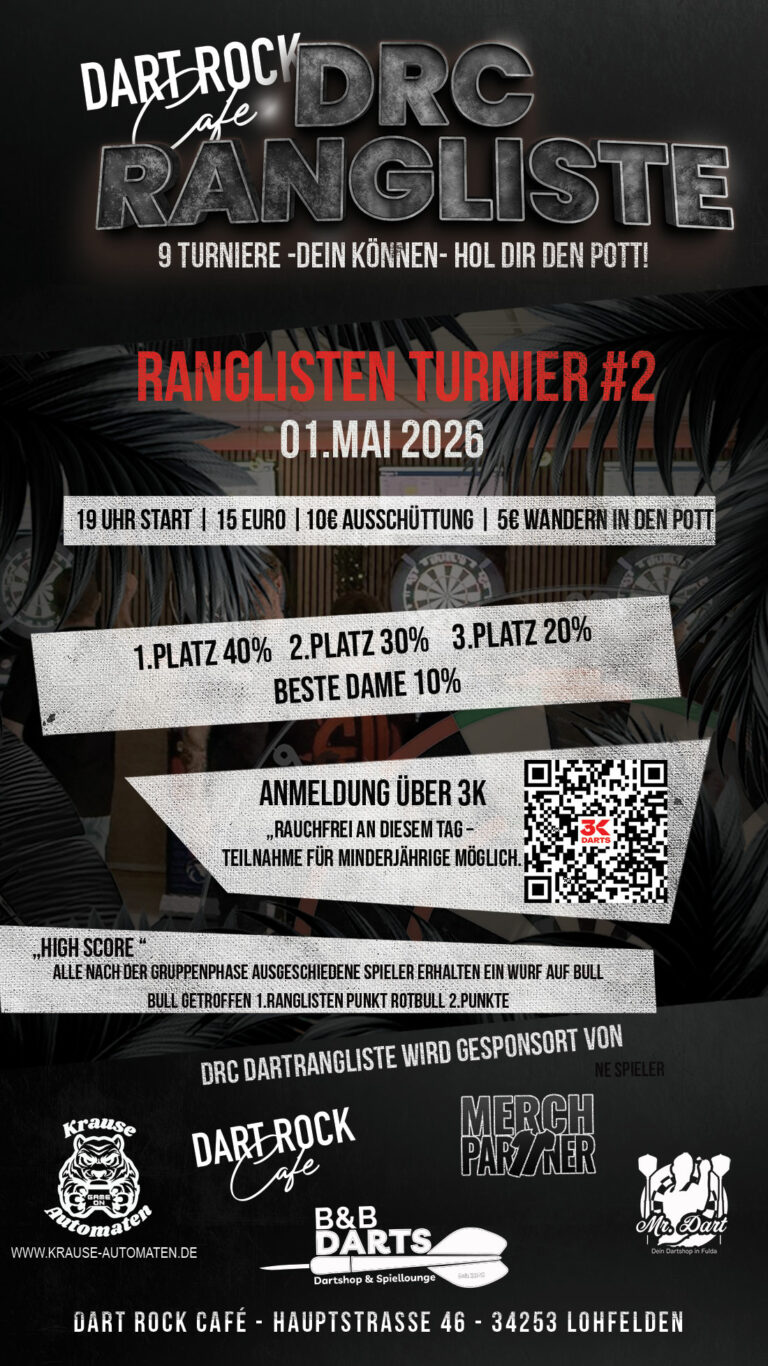 Steeldart Turnier Kassel am 1. Mai 2026 – DRC Rangliste #2